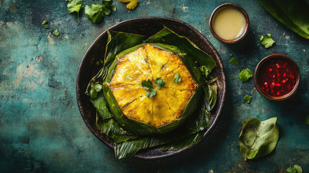 Top view of a vibrant Venezuelan hallaca, a cornmeal pie wrapped in plantain leaves, with room for copyの素材