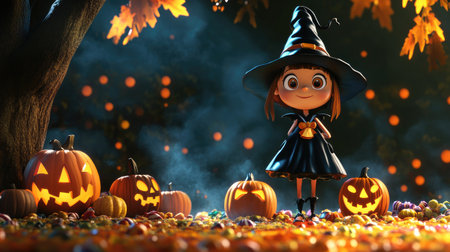 Adorable cartoon Halloween scene with a friendly witch, jack-o'-lanterns, and candy, with space for your text.の素材