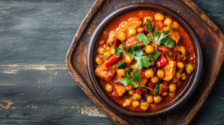 Top view of a spicy plate of Trinidadian doubles with chickpea curry, with room for copy.の素材
