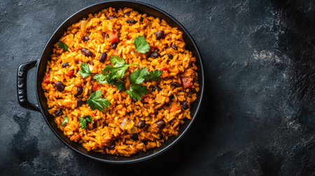 Top view of a traditional Puerto Rican arroz con gandules, rice with pigeon peas, with space for textの素材