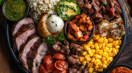 Top view of a delicious plate of Colombian bandeja paisa, with various traditional ingredients.の素材