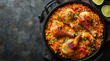 Top view of a traditional Cuban arroz con pollo, chicken and rice, with room for text.の素材