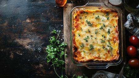 Top view of a traditional Puerto Rican pastelon, a plantain lasagna, with room for text.の素材