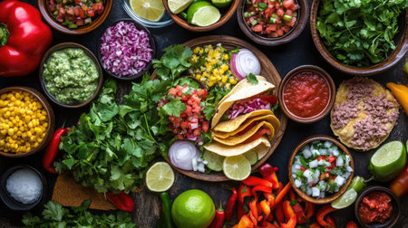 Top view of a colorful Mexican taco spread with fresh ingredients, perfect for a vibrant food display.の素材