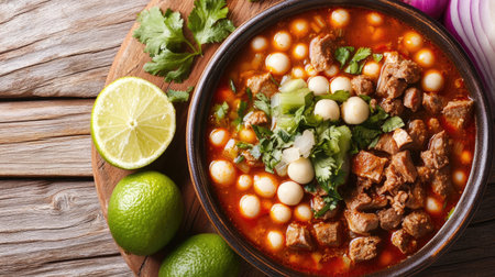 Top view of a delicious bowl of Mexican pozole, with hominy, meat, and fresh garnishes.の素材