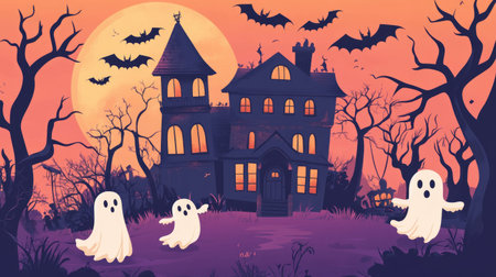 Adorable cartoon Halloween background featuring a haunted house, friendly ghosts, and bats, with ample space for text.の素材
