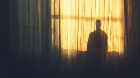 Creepy shadow of a figure behind a curtain, dim room, copy spaceの素材