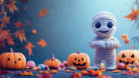 Adorable Halloween scene with a friendly mummy, pumpkins, and candy, perfect for adding your text.の素材