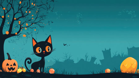 Adorable cartoon Halloween background with a black cat, candy, and spooky tree, with room for your message.の素材