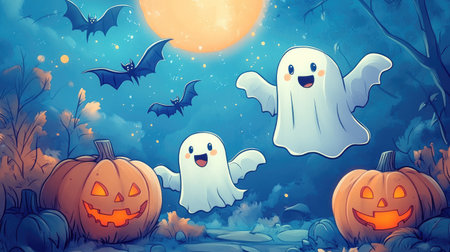 Cartoon Halloween background with friendly ghosts, pumpkins, and bats, leaving plenty of space for text.の素材
