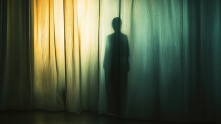 Creepy shadow of a figure behind a curtain, dim room, copy spaceの素材