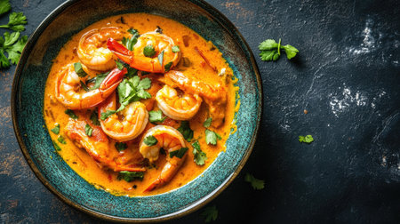 Top view of a vibrant plate of Brazilian bobo de camarao, a shrimp stew with coconut milk, with space for copy.の素材