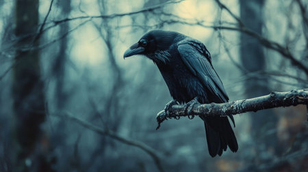 Creepy black raven perched on a branch, dark forest background, copy spaceの素材