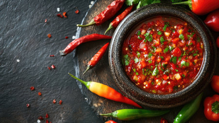 Top view of a traditional Puerto Rican pique sauce with various peppers, with room for text.の素材