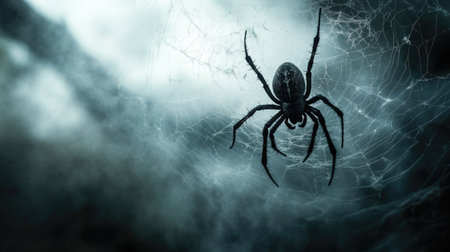 Creepy spider web with a large spider in the center, misty background, copy spaceの素材