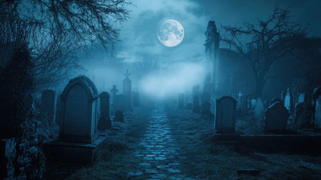 Eerie moonlit path through a graveyard, tombstones and fog, copy spaceの素材