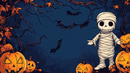 Cute cartoon Halloween background with a friendly mummy, jack-o'-lanterns, and bats, with room for your message.の素材