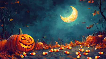 Cute Halloween background with a smiling moon, pumpkins, and candy corn, with ample space for your message.の素材