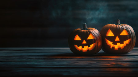 Halloween jack-o'-lanterns on a wooden table, spooky decor, copy spaceの素材