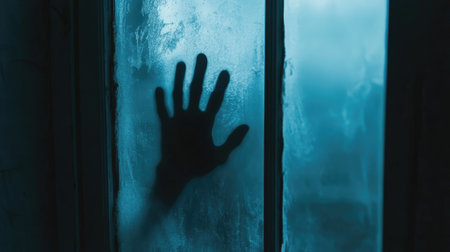 Creepy shadow of a hand on a foggy window, dimly lit room, copy spaceの素材