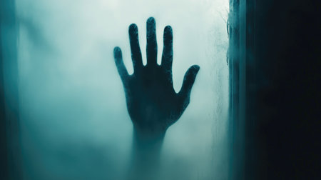 Creepy shadow of a hand on a foggy window, dimly lit room, copy spaceの素材