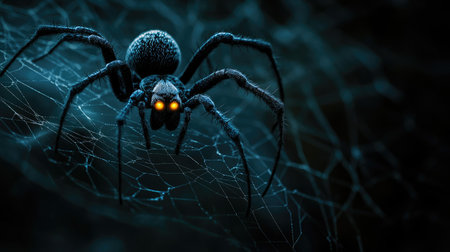 Halloween spider web with a large spider and glowing eyes, dark background, copy spaceの素材