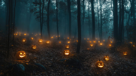 Eerie foggy forest with glowing jack-o'-lanterns, Halloween night, copy spaceの素材