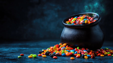 Halloween candy spilling out of a cauldron, dark background, copy spaceの素材