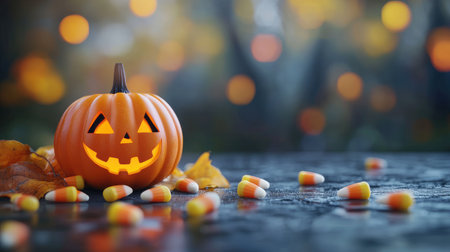 Cute Halloween background with a smiling moon, pumpkins, and candy corn, with ample space for your message.の素材