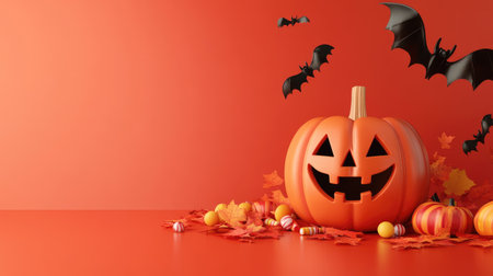 Cute Halloween scene with a smiling pumpkin, candy, and bats, leaving plenty of space for your message.の素材