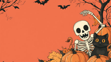 Cute cartoon Halloween background with a happy skeleton, black cat, and pumpkins, with room for your message.の素材