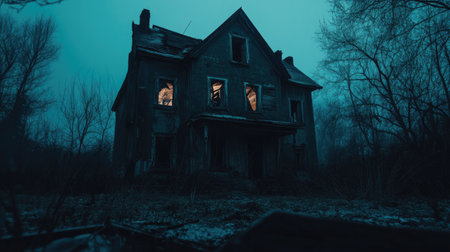 Eerie abandoned house with broken windows, spooky night, copy spaceの素材