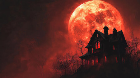 Haunted house silhouette against a blood-red moon, spooky night, copy spaceの素材