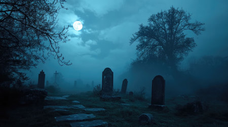 Eerie graveyard with fog and tombstones, moonlit night, copy spaceの素材