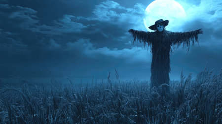 Eerie scarecrow in a moonlit field, Halloween night, copy spaceの素材