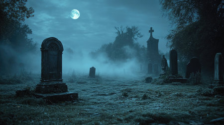 Eerie graveyard with fog and tombstones, moonlit night, copy spaceの素材