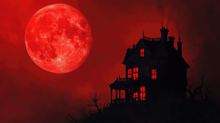 Haunted house silhouette against a blood-red moon, spooky night, copy spaceの素材
