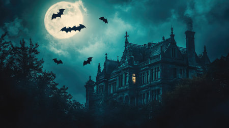 Haunted mansion with bats flying around, moonlit night, copy spaceの素材