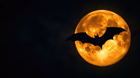 Halloween bat silhouette flying across a full moon, spooky sky, copy spaceの素材