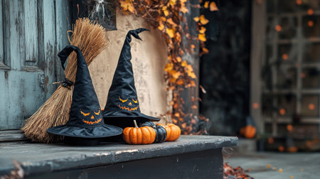 Halloween witches' hats and brooms on a porch, spooky decor, copy spaceの素材