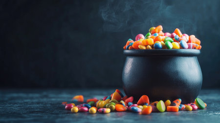 Halloween candy spilling out of a cauldron, dark background, copy spaceの素材