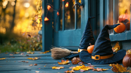 Halloween witches' hats and brooms on a porch, spooky decor, copy spaceの素材