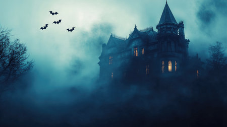Haunted mansion with bats and fog, Halloween night, copy spaceの素材