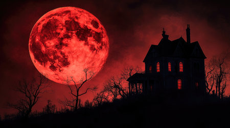 Haunted house silhouette against a blood-red moon, spooky night, copy spaceの素材