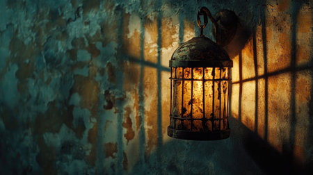 Old, rusty lantern casting shadows on a creepy wall, Halloween night, copy spaceの素材