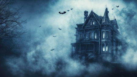 Haunted mansion with bats and fog, Halloween night, copy spaceの素材