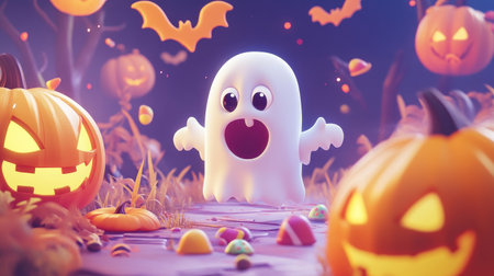 Happy Halloween cartoon background with cheerful pumpkins, ghosts, and candy, perfect for adding your text.の素材