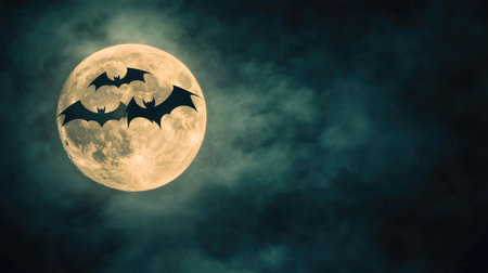 Spooky bat silhouettes flying across a full moon, Halloween night, copy spaceの素材