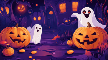 Happy Halloween cartoon background with cheerful pumpkins, ghosts, and candy, perfect for adding your text.の素材
