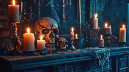 Spooky Halloween decorations on a mantelpiece, dark background, copy spaceの素材